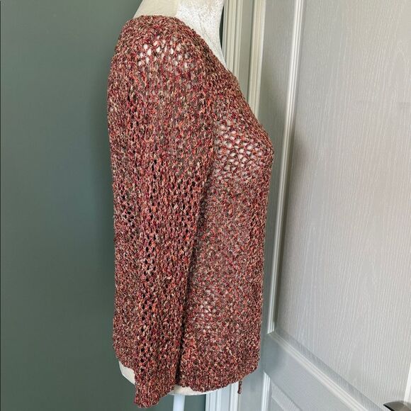 Ruby Rd. Red Multi Color Open Knit Top with Drawstring to cinch on one side - Picture 7 of 10